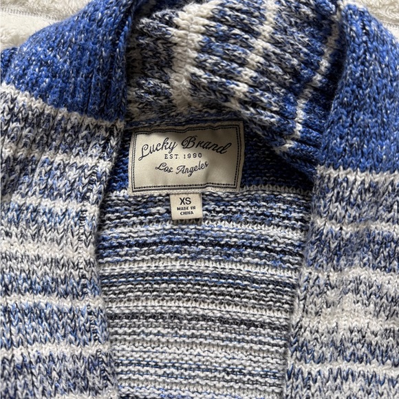 Lucky Brand Blue Gray White Striped Knit Open Cardigan Sweater XS Pockets Women - Picture 2 of 6